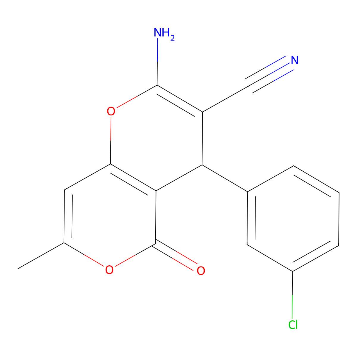 2-amino-4-(3-chlorophenyl)-7-methyl-5-oxo-4H,5H-pyrano[4,3-b]pyran-3-carbonitrile molecular structure, CAS 315246-00-5