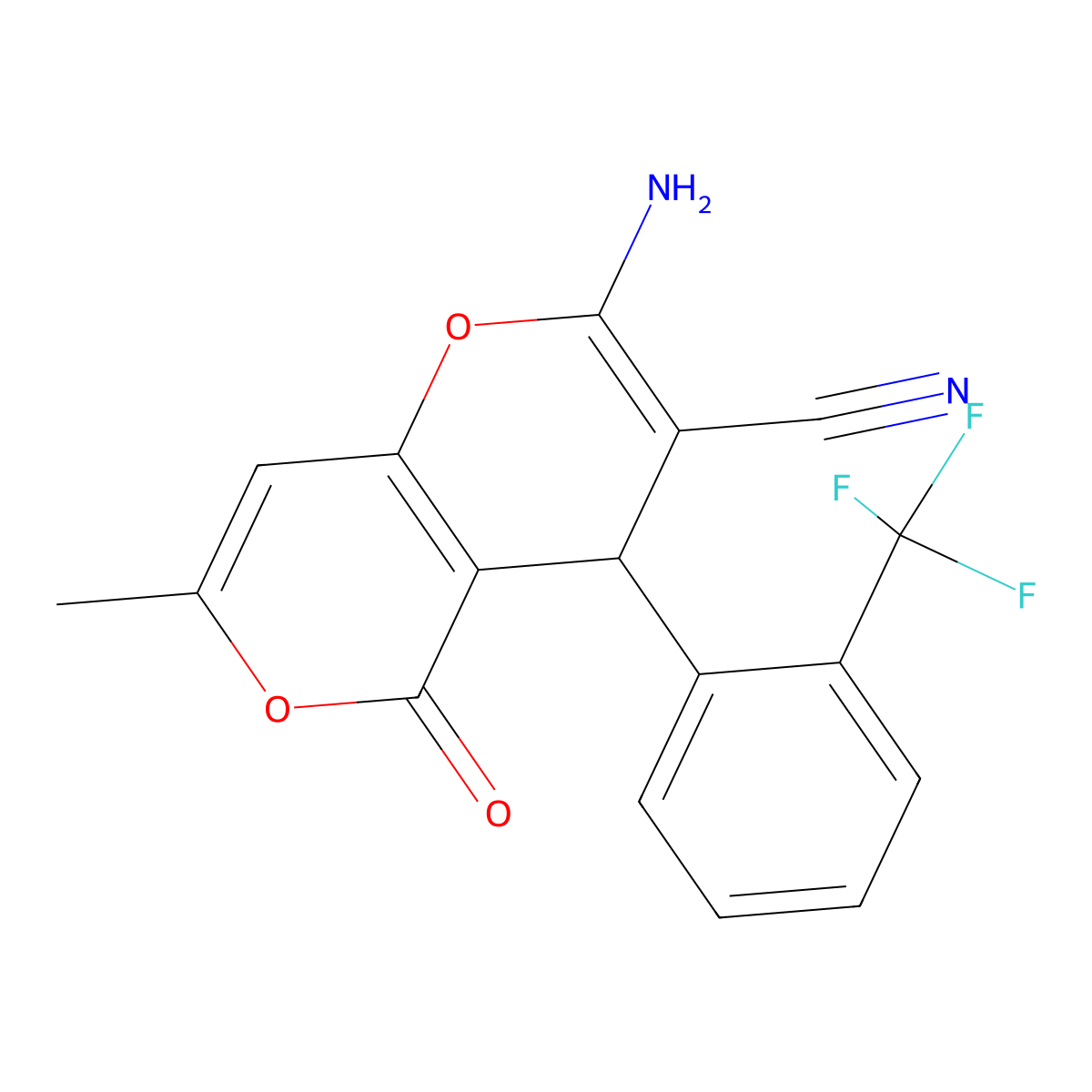 2-amino-7-methyl-5-oxo-4-[2-(trifluoromethyl)phenyl]-4H,5H-pyrano[3,2-c]pyran-3-carbonitrile molecular structure, CAS 315246-01-6