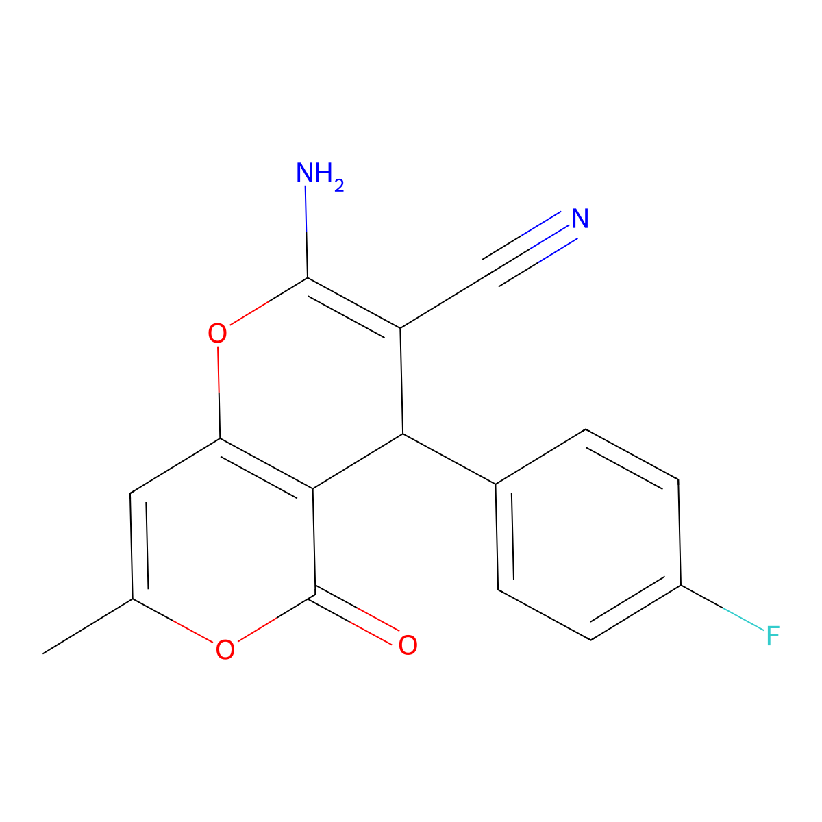 2-Amino-4-(4-fluorophenyl)-7-methyl-5-oxo-4H,5H-pyrano(4,3-b)pyran-3-carbonitrile molecular structure, CAS 315246-03-8