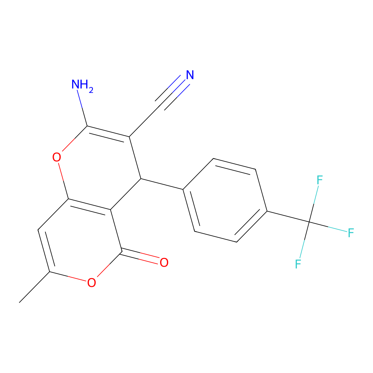 2-Amino-7-methyl-5-oxo-4-(4-(trifluoromethyl)phenyl)-4,5-dihydropyrano[4,3-b]pyran-3-carbonitrile molecular structure, CAS 315246-04-9