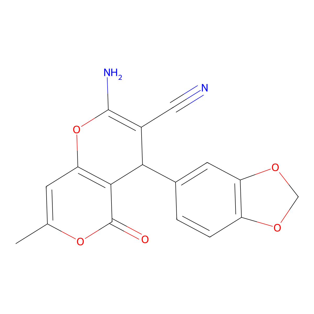 2-amino-4-(1,3-benzodioxol-5-yl)-7-methyl-5-oxo-4H-pyrano[3,2-c]pyran-3-carbonitrile molecular structure, CAS 315246-09-4