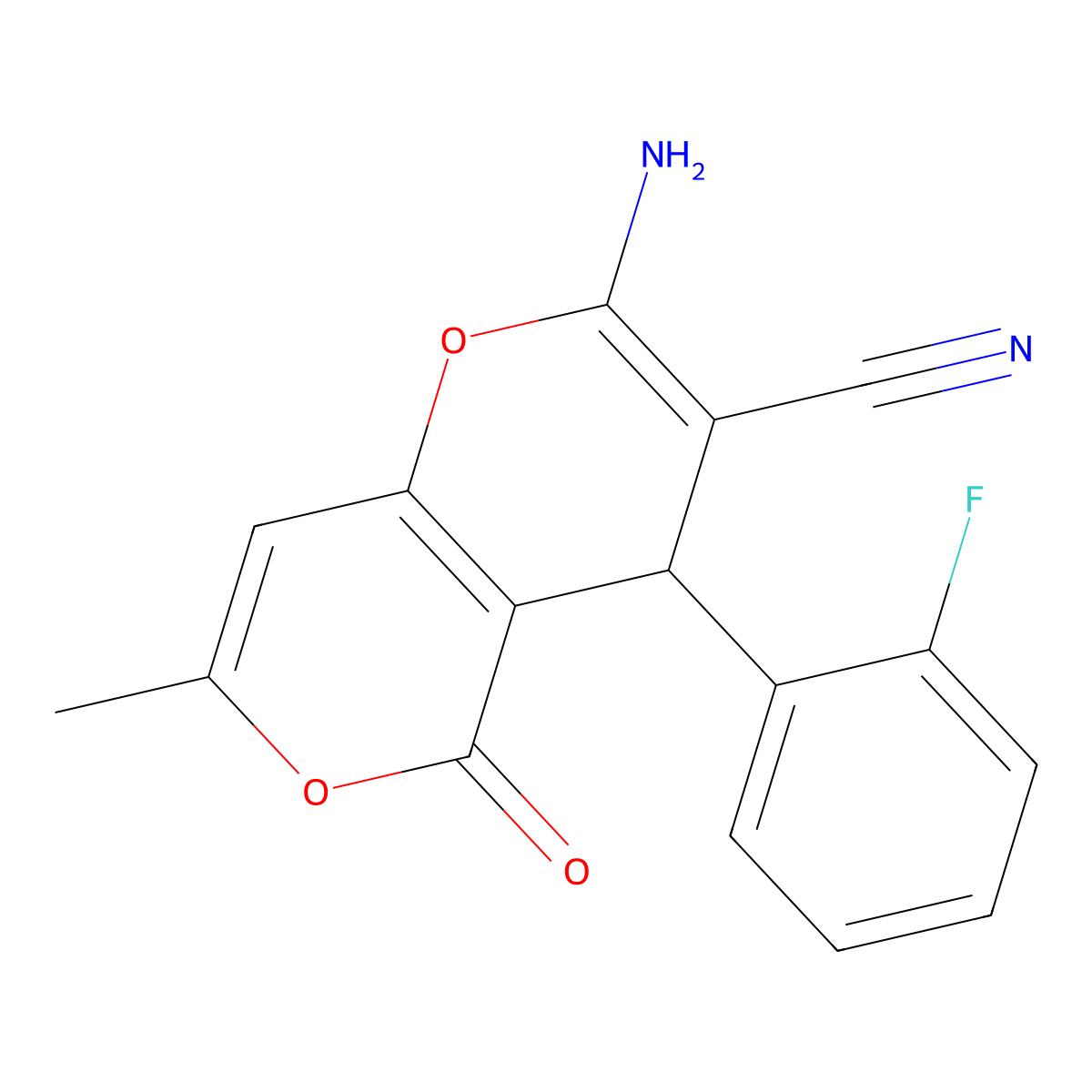 2-amino-4-(2-fluorophenyl)-7-methyl-5-oxo-4H-pyrano[3,2-c]pyran-3-carbonitrile molecular structure, CAS 315246-10-7