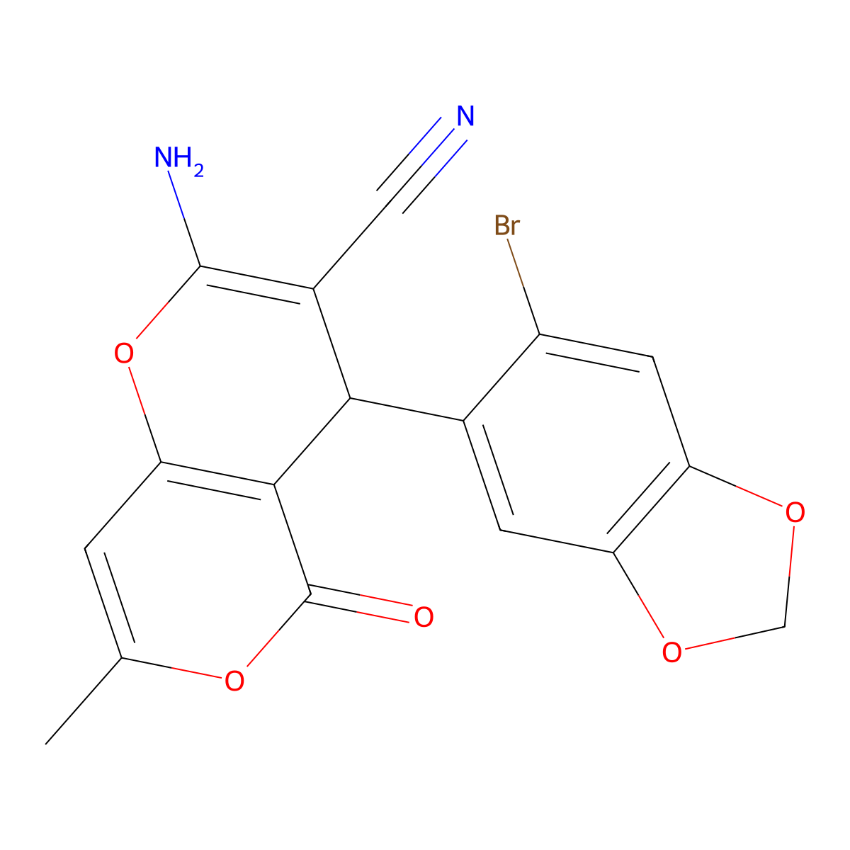 2-Amino-4-(6-bromobenzo[d][1,3]dioxol-5-yl)-7-methyl-5-oxo-4,5-dihydropyrano[4,3-b]pyran-3-carbonitrile molecular structure, CAS 315246-11-8