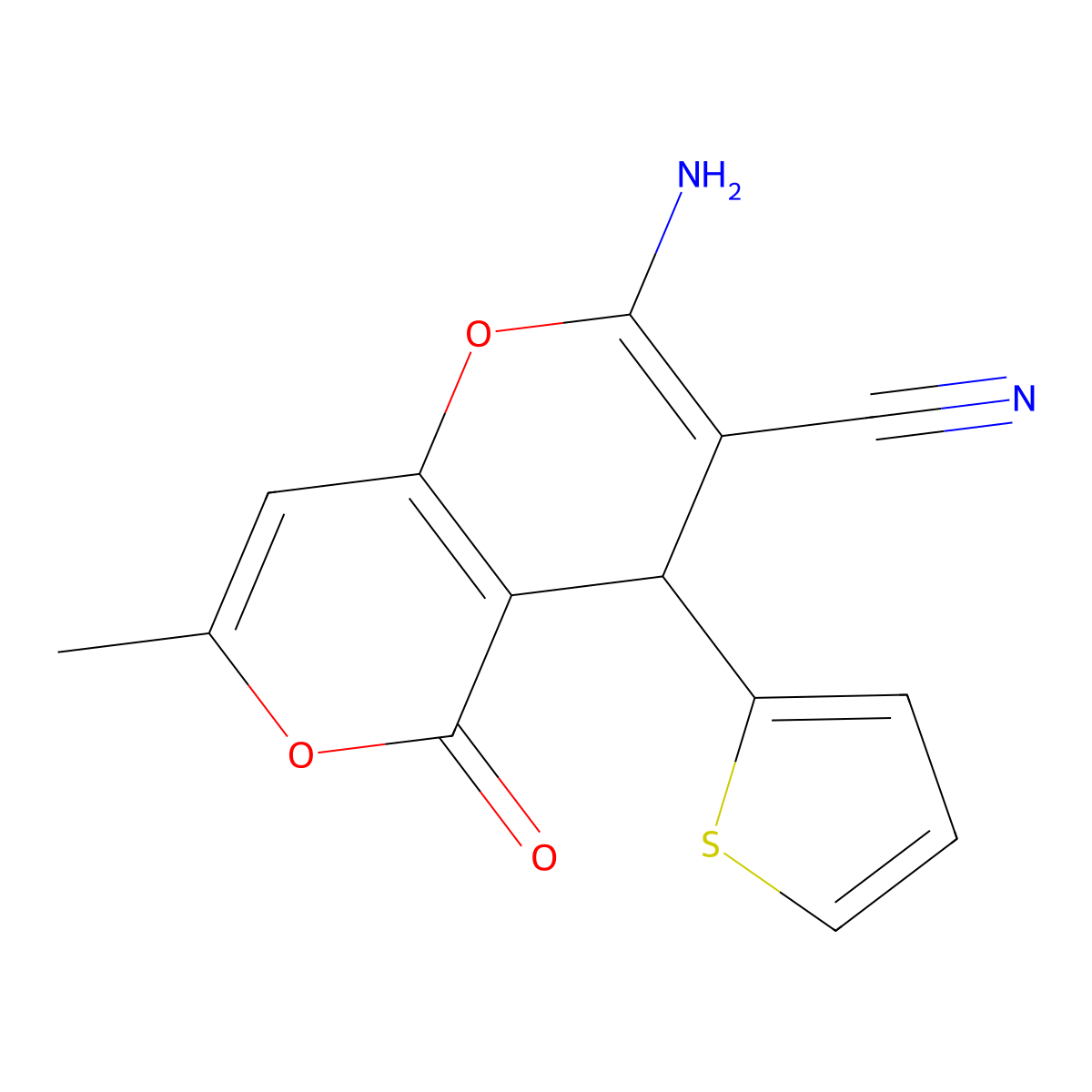 2-Amino-7-methyl-5-oxo-4-thiophen-2-yl-4H,5H-pyrano[4,3-b]pyran-3-carbonitrile molecular structure, CAS 315246-19-6