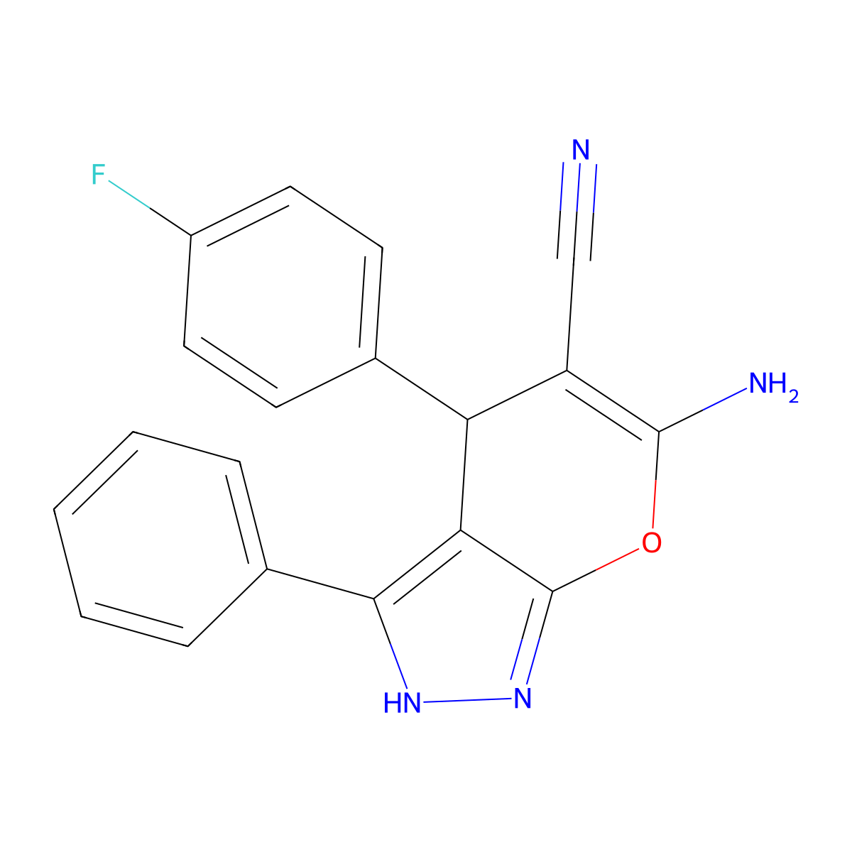 6-Amino-4-(4-fluorophenyl)-3-phenyl-1,4-dihydropyrano[2,3-c]pyrazole-5-carbonitrile molecular structure, CAS 315246-27-6