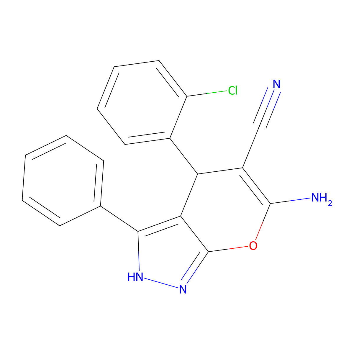 6-Amino-4-(2-chlorophenyl)-3-phenyl-2,4-dihydropyrano[2,3-c]pyrazole-5-carbonitrile molecular structure, CAS 315246-28-7
