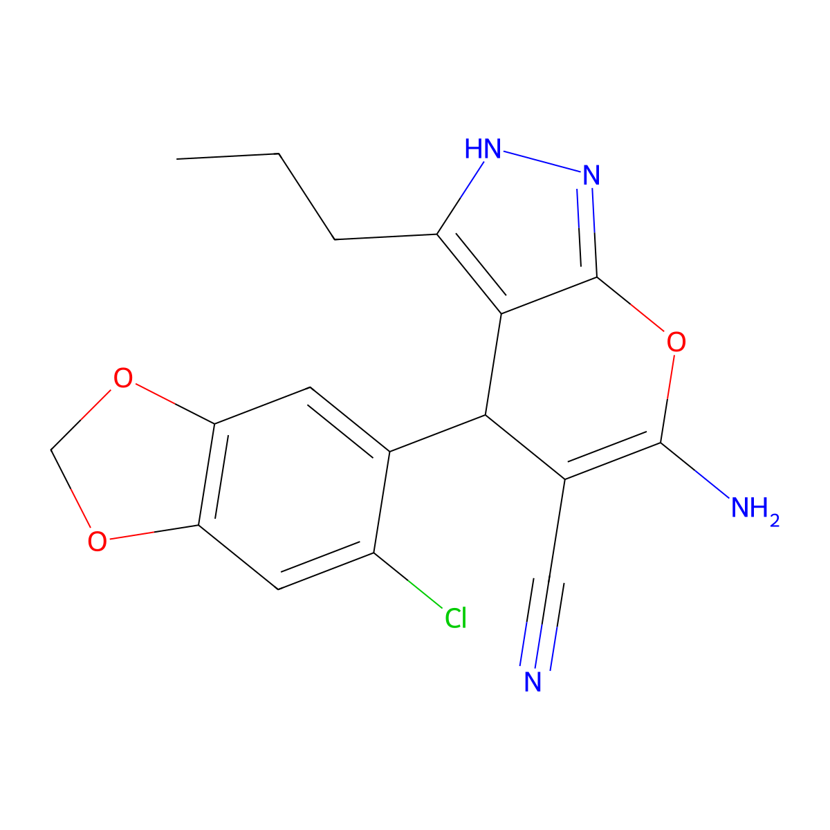 6-Amino-4-(6-chloro-1,3-benzodioxol-5-yl)-3-propyl-1,4-dihydropyrano[2,3-c]pyrazole-5-carbonitrile molecular structure, CAS 315246-32-3
