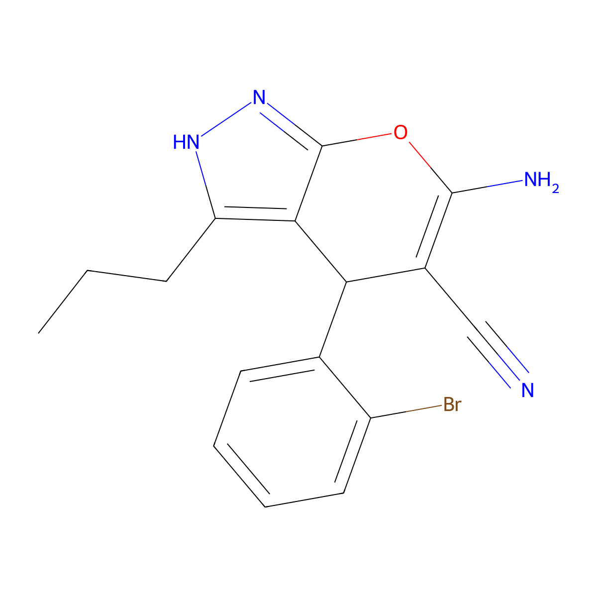 6-Amino-4-(2-bromophenyl)-3-propyl-1,4-dihydropyrano[2,3-c]pyrazole-5-carbonitrile molecular structure, CAS 315246-33-4