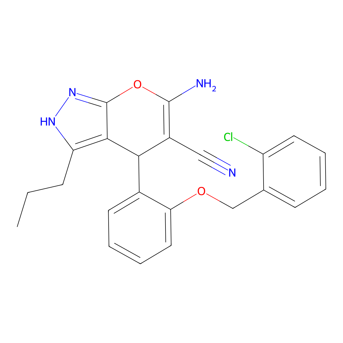 6-Amino-4-{2-[(2-chlorobenzyl)oxy]phenyl}-3-propyl-2,4-dihydropyrano[2,3-c]pyrazole-5-carbonitrile molecular structure, CAS 315246-35-6