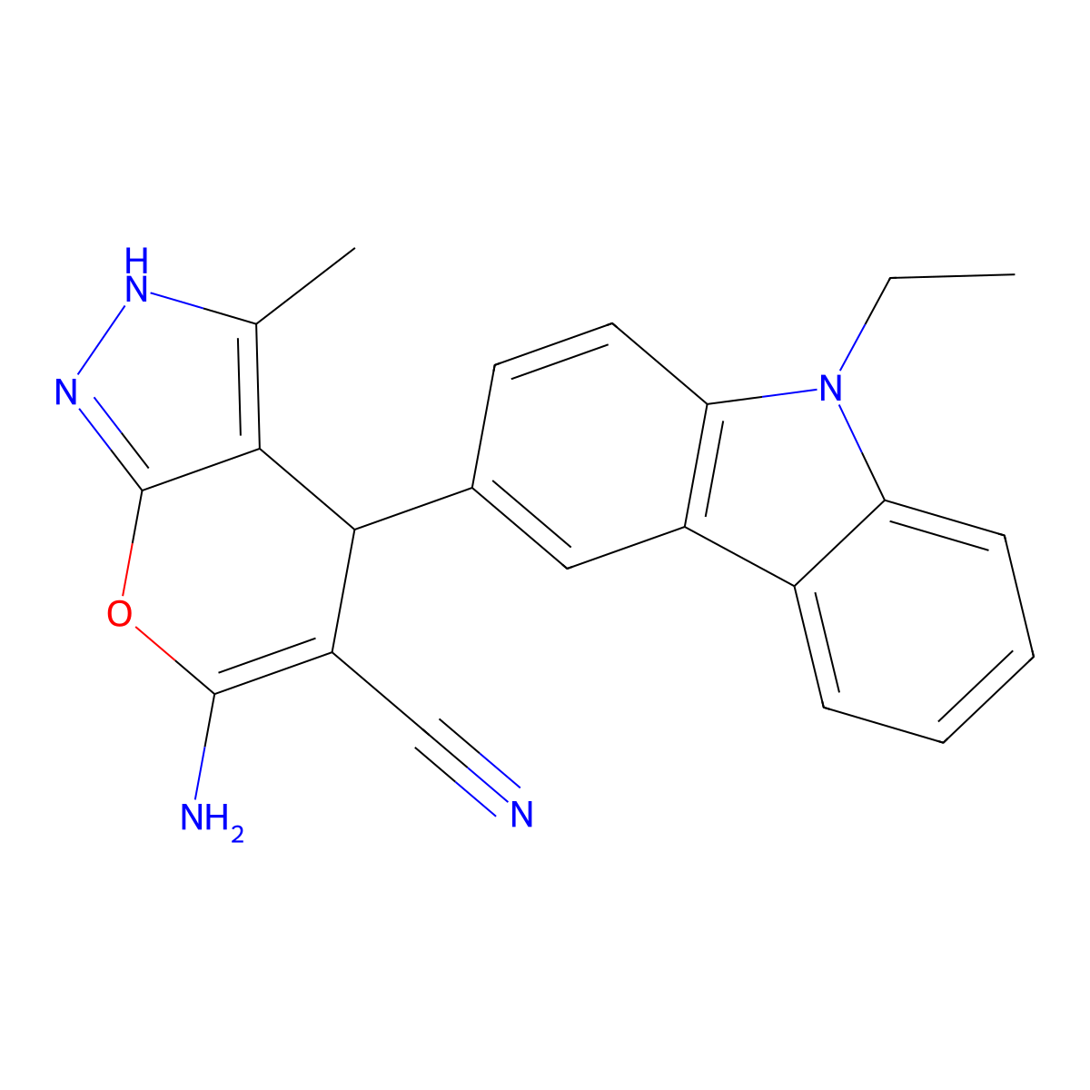6-amino-4-(9-ethyl-9H-carbazol-3-yl)-3-methyl-1,4-dihydropyrano[2,3-c]pyrazole-5-carbonitrile molecular structure, CAS 315249-19-5