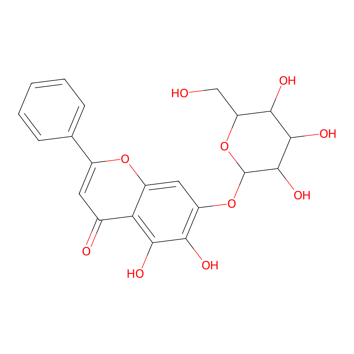 5,6-Dihydroxy-2-phenyl-7-(3,4,5-trihydroxy-6-(hydroxymethyl)oxan-2-yl)oxychromen-4-one molecular structure, CAS 31567-75-6