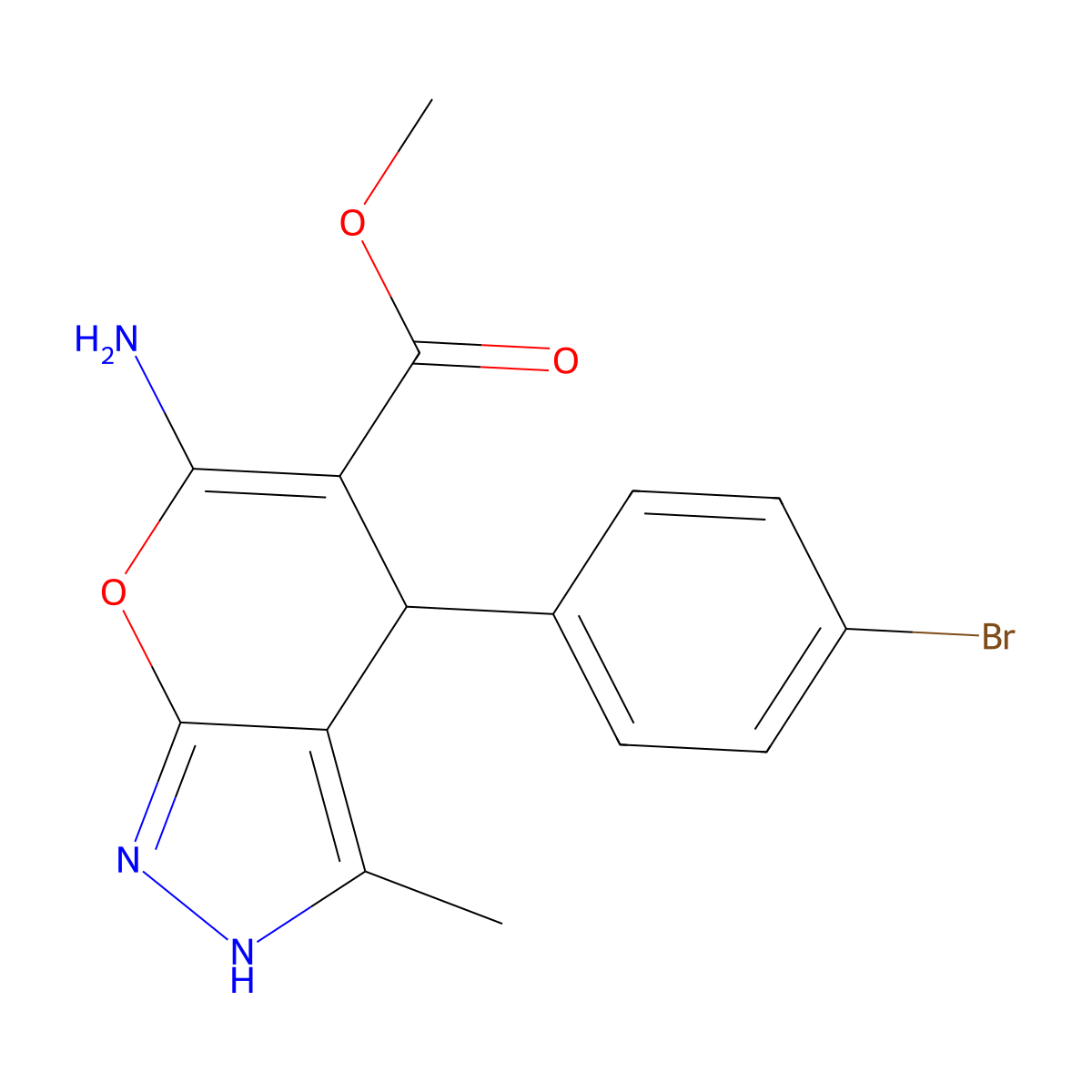 Methyl 6-amino-4-(4-bromophenyl)-3-methyl-2,4-dihydropyrano[2,3-c]pyrazole-5-carboxylate molecular structure, CAS 315670-17-8