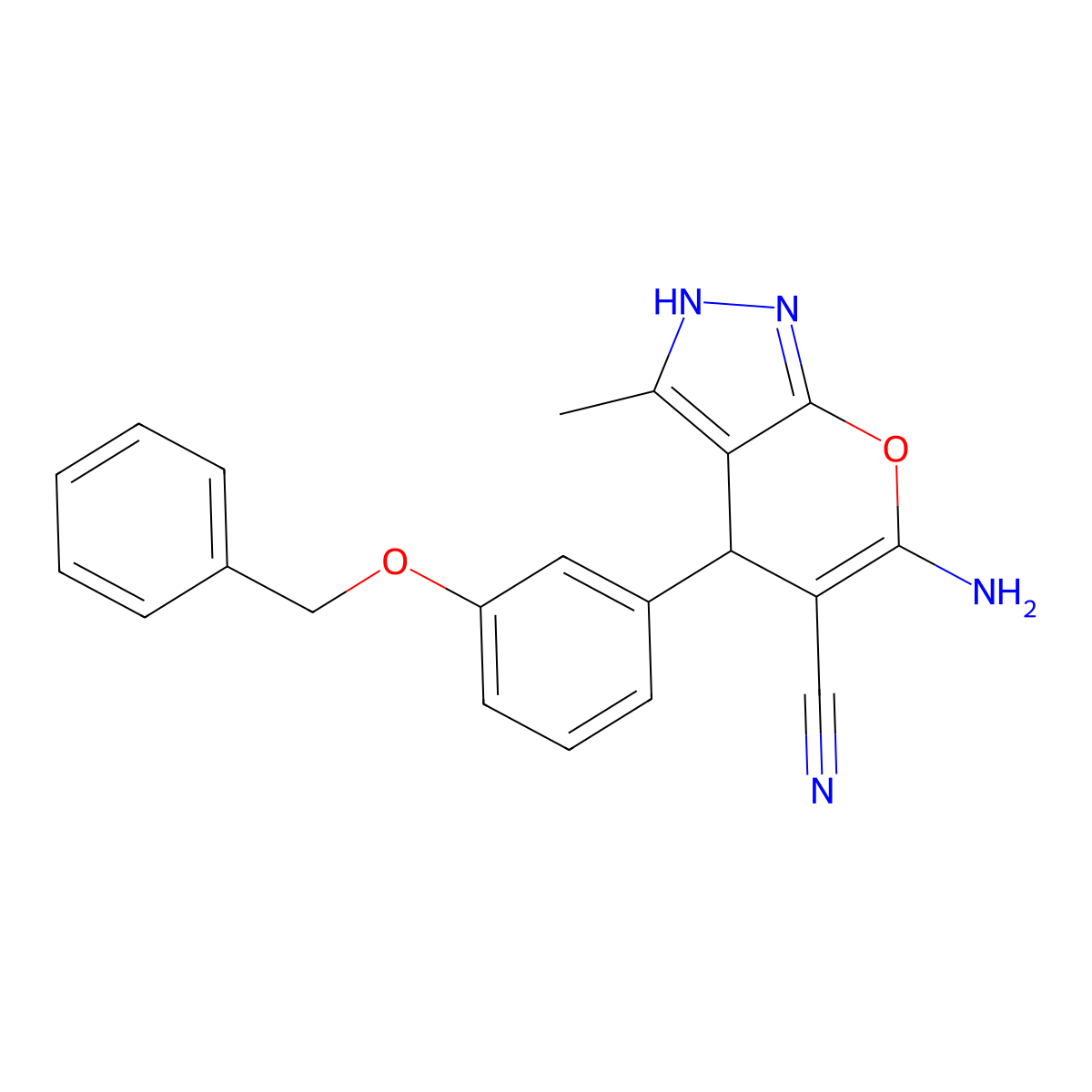 6-Amino-4-[3-(benzyloxy)phenyl]-3-methyl-1,4-dihydropyrano[2,3-c]pyrazole-5-carbonitrile molecular structure, CAS 315671-05-7