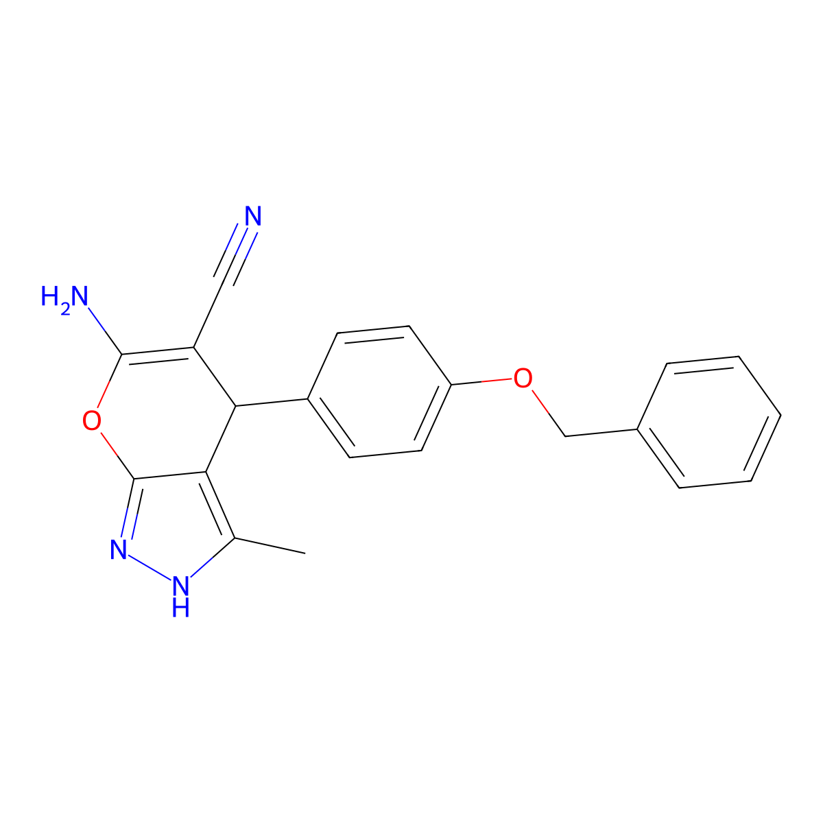 6-Amino-4-[4-(benzyloxy)phenyl]-3-methyl-1,4-dihydropyrano[2,3-c]pyrazole-5-carbonitrile molecular structure, CAS 315671-67-1