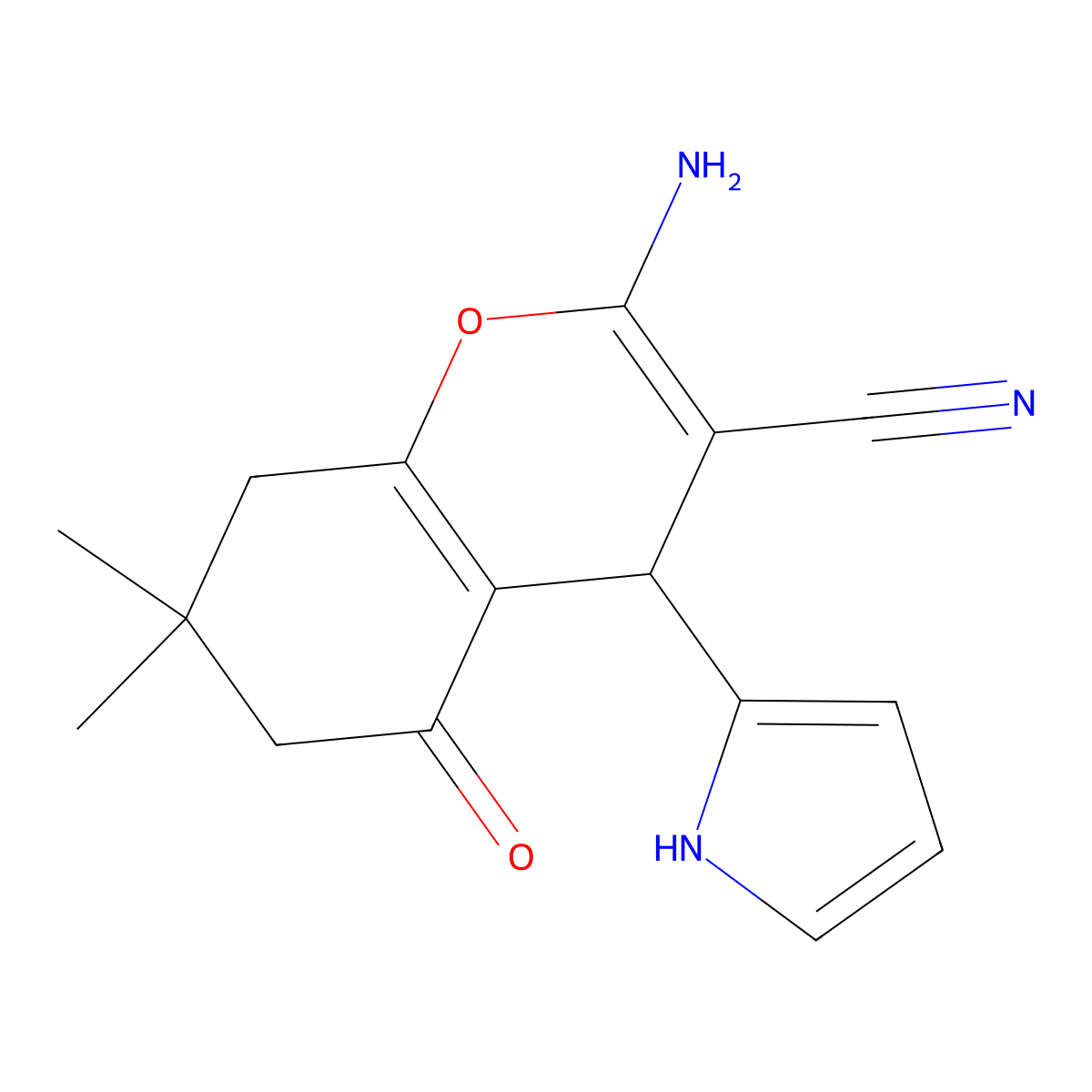 2-amino-7,7-dimethyl-5-oxo-4-(1H-pyrrol-2-yl)-5,6,7,8-tetrahydro-4H-chromene-3-carbonitrile molecular structure, CAS 315672-30-1