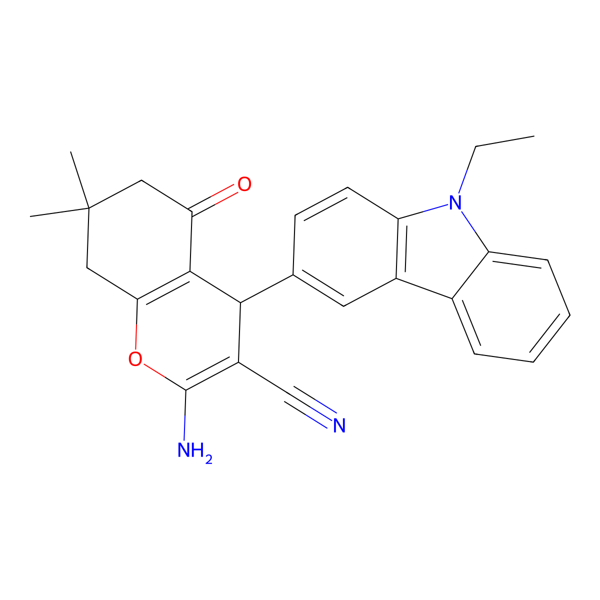 2-Amino-4-(9-ethyl-9H-carbazol-3-yl)-7,7-dimethyl-5-oxo-5,6,7,8-tetrahydro-4H-chromene-3-carbonitrile molecular structure, CAS 315672-31-2