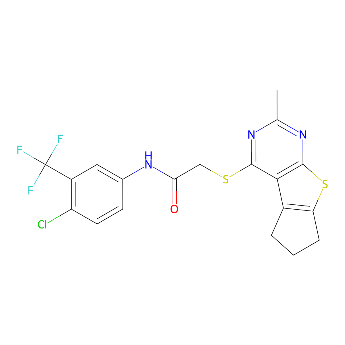 N-[4-chloro-3-(trifluoromethyl)phenyl]-2-({10-methyl-7-thia-9,11-diazatricyclo[6.4.0.0^{2,6}]dodeca-1(8),2(6),9,11-tetraen-12-yl}sulfanyl)acetamide molecular structure, CAS 315677-25-9