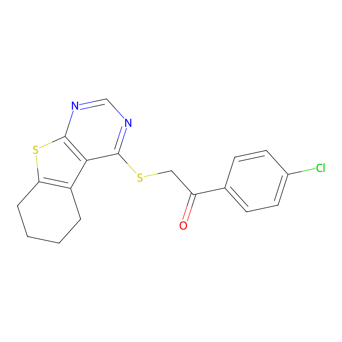 1-(4-Chlorophenyl)-2-(5,6,7,8-tetrahydro[1]benzothieno[2,3-d]pyrimidin-4-ylsulfanyl)ethanone molecular structure, CAS 315677-28-2
