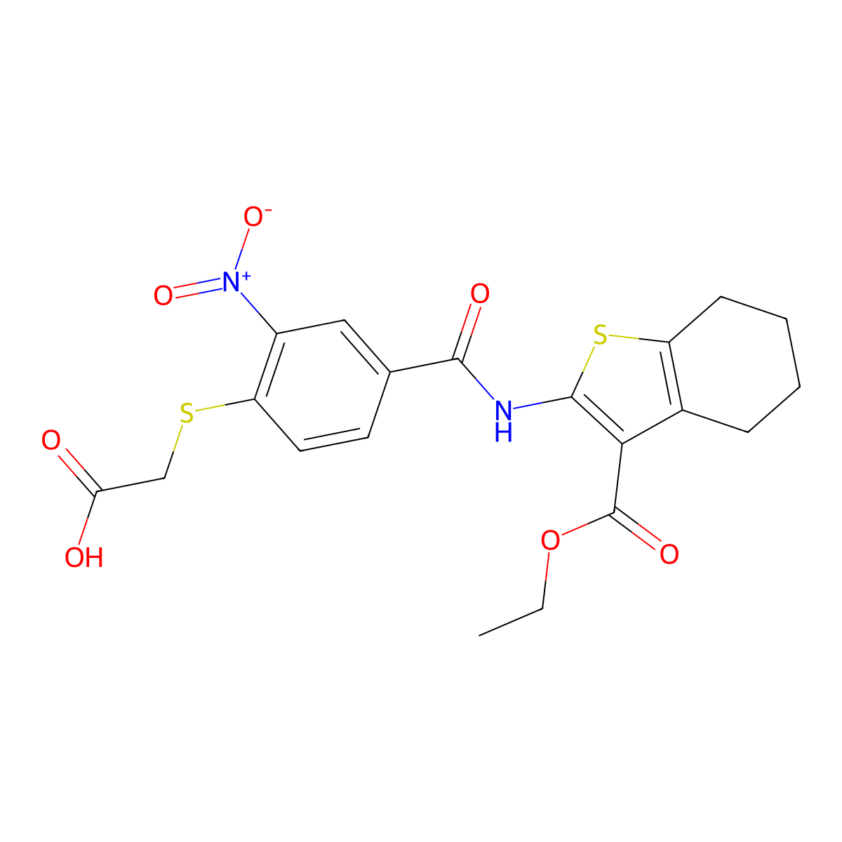 2-[4-[(3-Ethoxycarbonyl-4,5,6,7-tetrahydro-1-benzothiophen-2-yl)carbamoyl]-2-nitrophenyl]sulfanylacetic acid molecular structure, CAS 315677-62-4