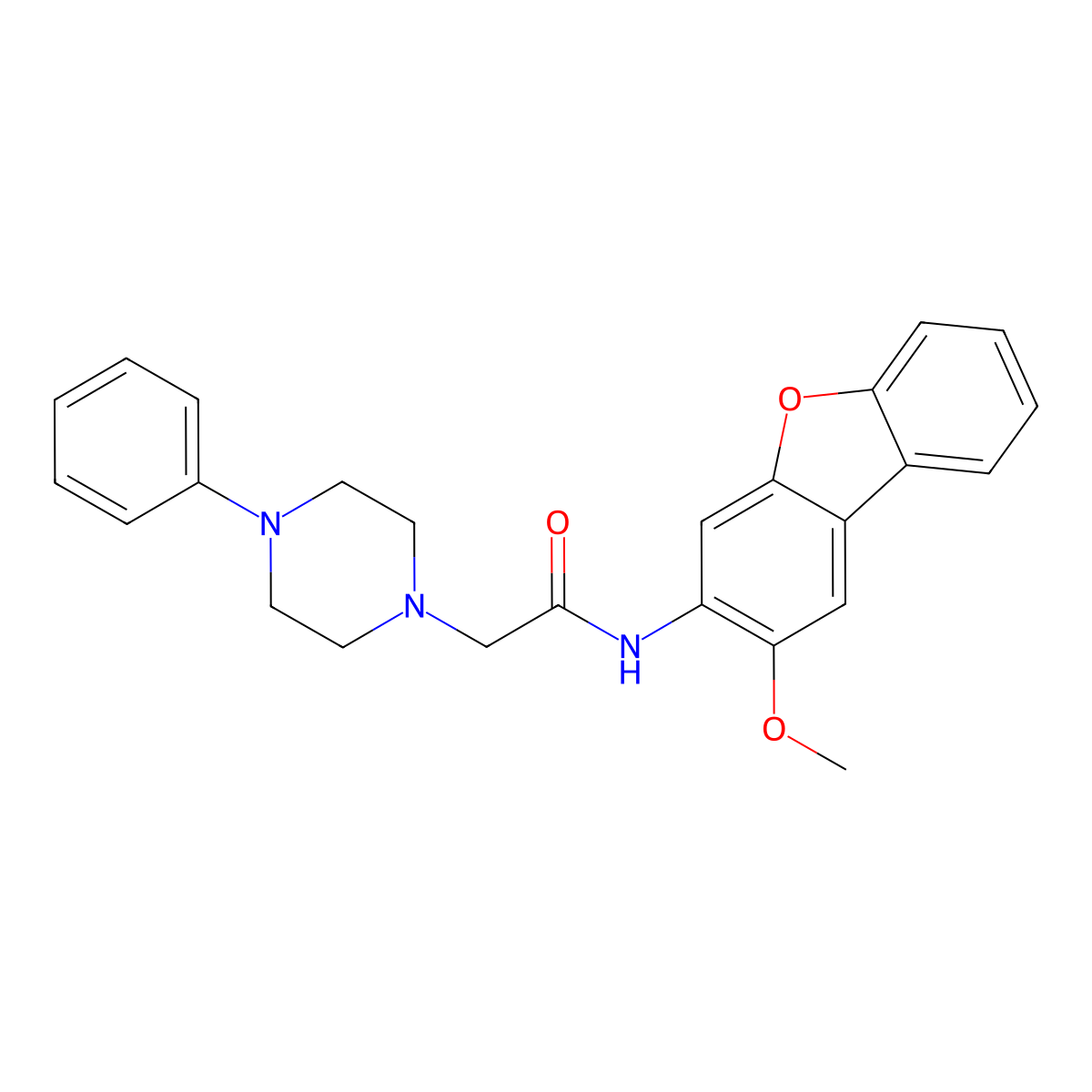 N-{4-methoxy-8-oxatricyclo[7.4.0.0^{2,7}]trideca-1(9),2,4,6,10,12-hexaen-5-yl}-2-(4-phenylpiperazin-1-yl)acetamide molecular structure, CAS 315677-78-2