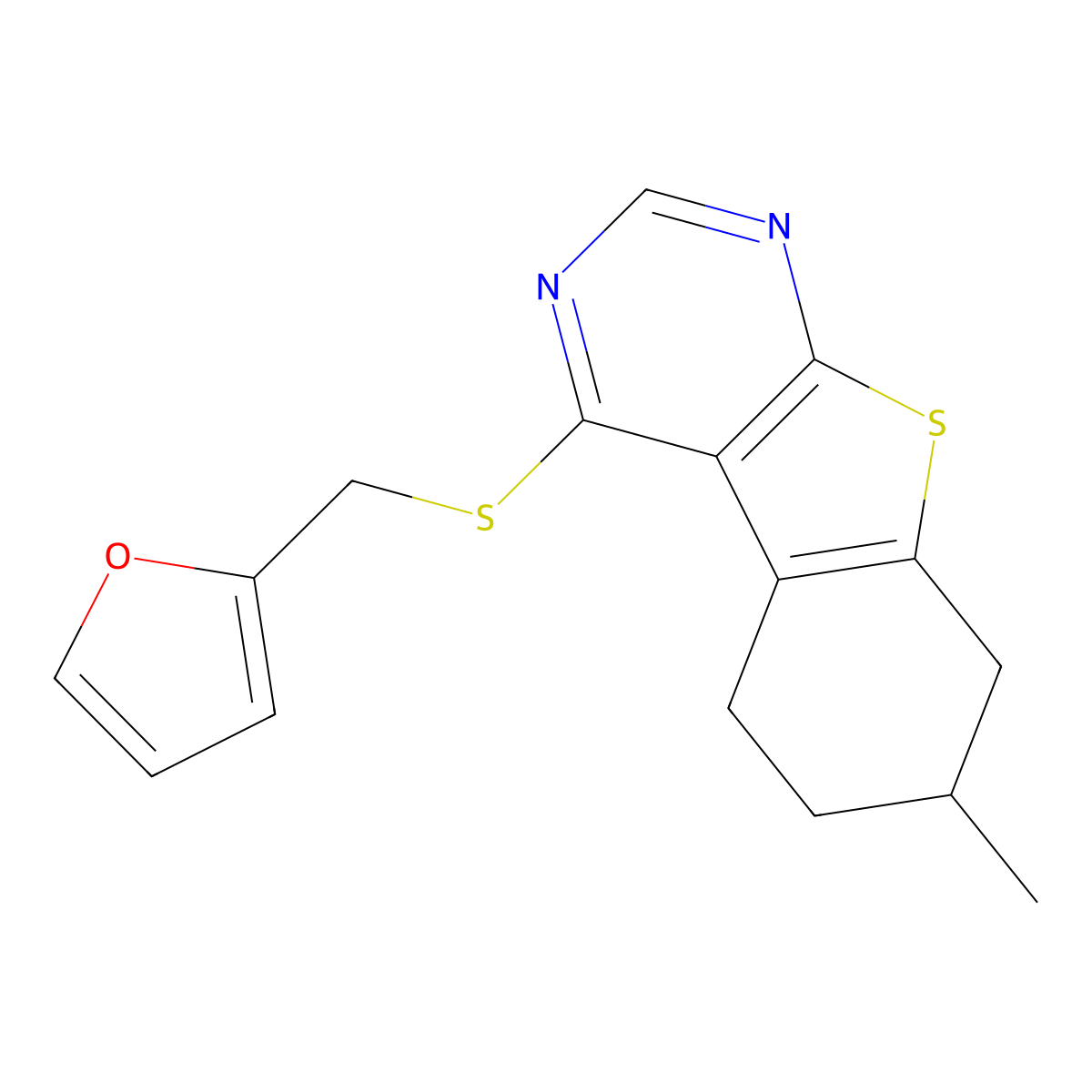 4-[(2-Furylmethyl)sulfanyl]-7-methyl-5,6,7,8-tetrahydro[1]benzothieno[2,3-d]pyrimidine molecular structure, CAS 315678-02-5