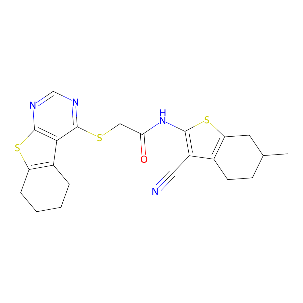 N-(3-cyano-6-methyl-4,5,6,7-tetrahydro-1-benzothiophen-2-yl)-2-(5,6,7,8-tetrahydro-[1]benzothiolo[2,3-d]pyrimidin-4-ylsulfanyl)acetamide molecular structure, CAS 315678-14-9