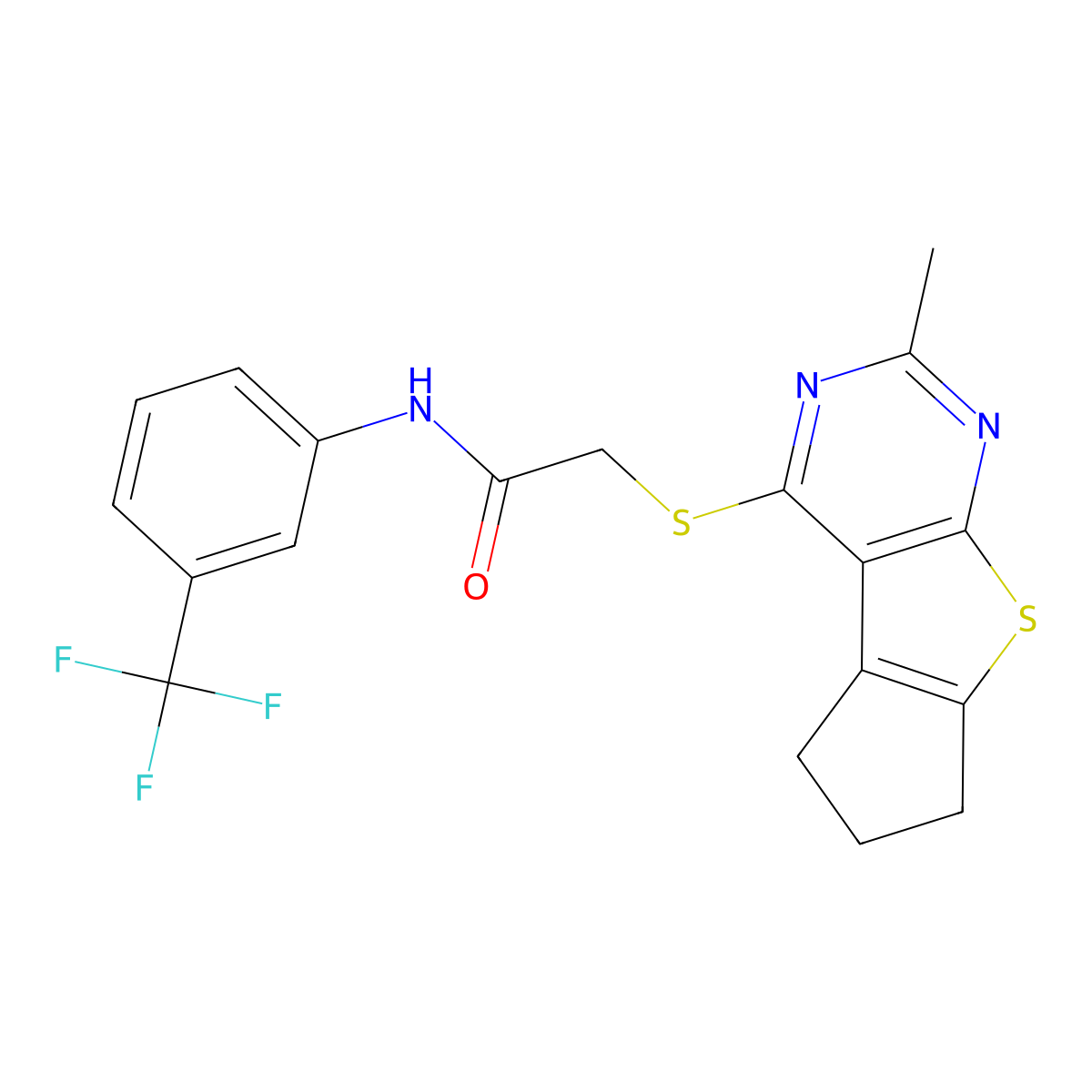 2-((2-methyl-6,7-dihydro-5H-cyclopenta[4,5]thieno[2,3-d]pyrimidin-4-yl)thio)-N-(3-(trifluoromethyl)phenyl)acetamide molecular structure, CAS 315678-60-5
