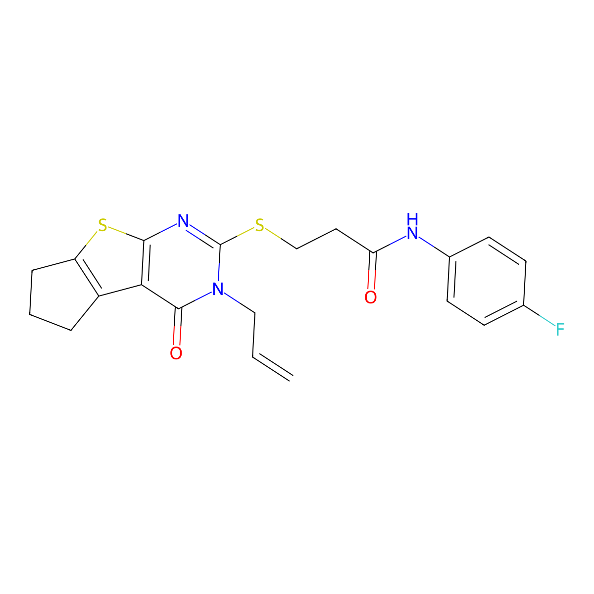 3-((3-allyl-4-oxo-4,5,6,7-tetrahydro-3H-cyclopenta[4,5]thieno[2,3-d]pyrimidin-2-yl)thio)-N-(4-fluorophenyl)propanamide molecular structure, CAS 315678-67-2
