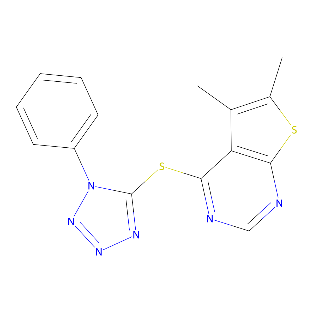 5,6-Dimethyl-4-(1-phenyltetrazol-5-yl)sulfanylthieno[2,3-d]pyrimidine molecular structure, CAS 315678-68-3