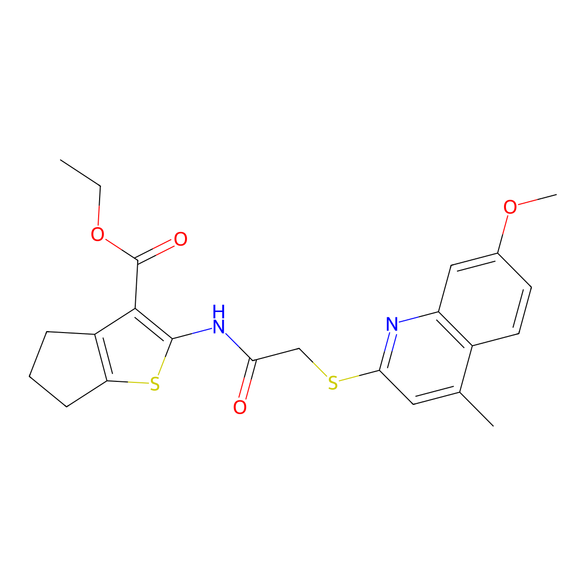 ethyl 2-(2-((7-methoxy-4-methylquinolin-2-yl)thio)acetamido)-5,6-dihydro-4H-cyclopenta[b]thiophene-3-carboxylate molecular structure, CAS 315678-77-4