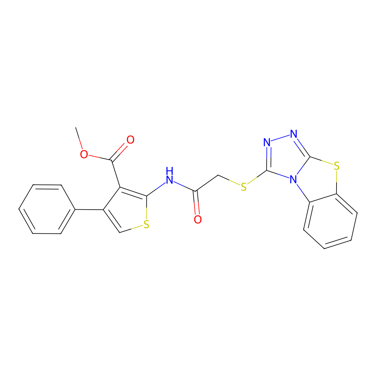 Methyl 4-phenyl-2-(2-{7-thia-2,4,5-triazatricyclo[6.4.0.0^{2,6}]dodeca-1(8),3,5,9,11-pentaen-3-ylsulfanyl}acetamido)thiophene-3-carboxylate molecular structure, CAS 315679-02-8