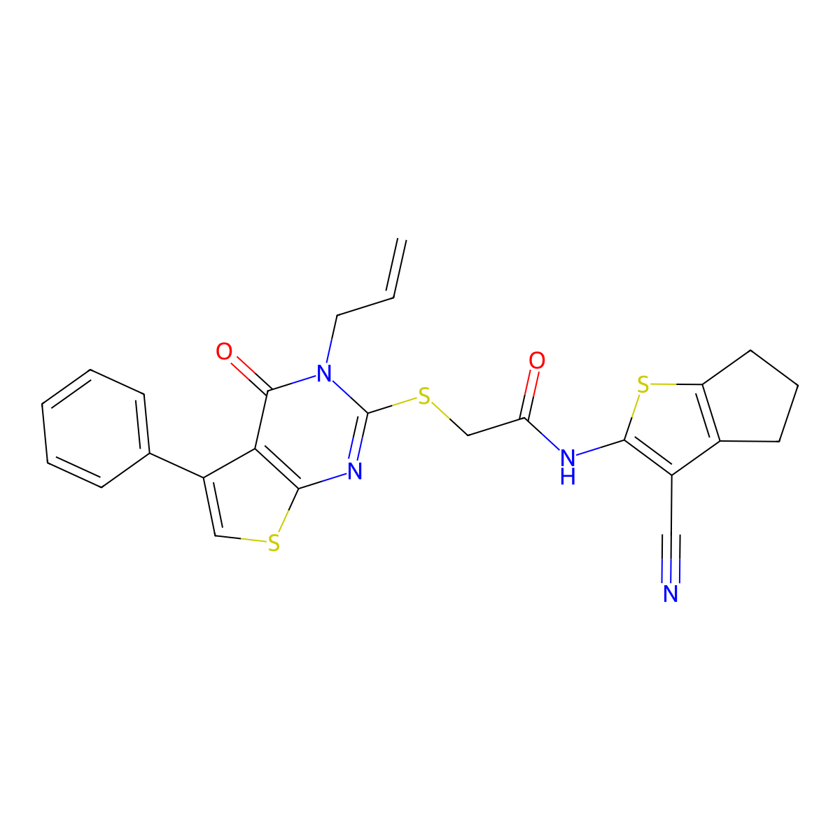 N-(3-cyano-5,6-dihydro-4H-cyclopenta[b]thiophen-2-yl)-2-(4-oxo-5-phenyl-3-prop-2-enylthieno[2,3-d]pyrimidin-2-yl)sulfanylacetamide molecular structure, CAS 315679-30-2