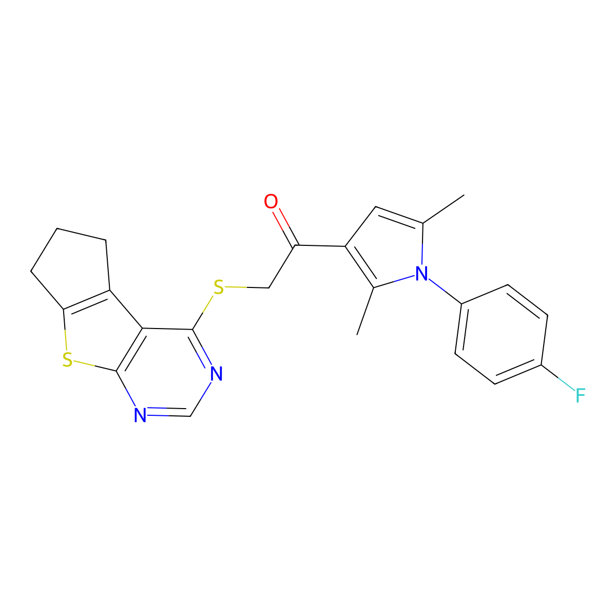 2-(7,8-dihydro-6H-cyclopenta[2,3]thieno[2,4-d]pyrimidin-1-ylsulfanyl)-1-[1-(4-fluorophenyl)-2,5-dimethylpyrrol-3-yl]ethanone molecular structure, CAS 315679-34-6
