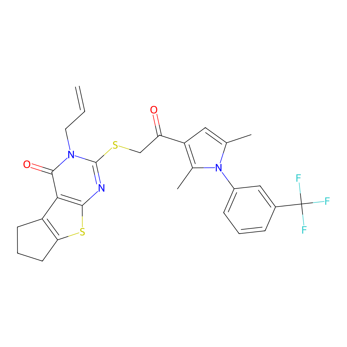 10-[(2-{2,5-dimethyl-1-[3-(trifluoromethyl)phenyl]-1H-pyrrol-3-yl}-2-oxoethyl)sulfanyl]-11-(prop-2-en-1-yl)-7-thia-9,11-diazatricyclo[6.4.0.0^{2,6}]dodeca-1(8),2(6),9-trien-12-one molecular structure, CAS 315679-53-9