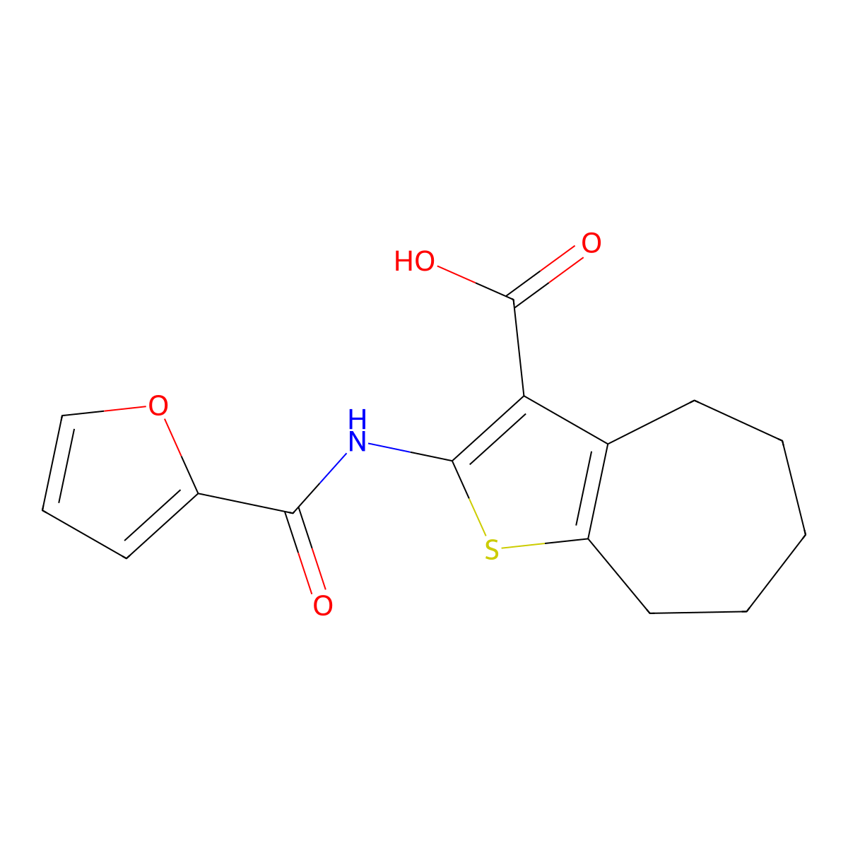 2-(2-furoylamino)-5,6,7,8-tetrahydro-4H-cyclohepta[b]thiophene-3-carboxylic acid molecular structure, CAS 315679-71-1