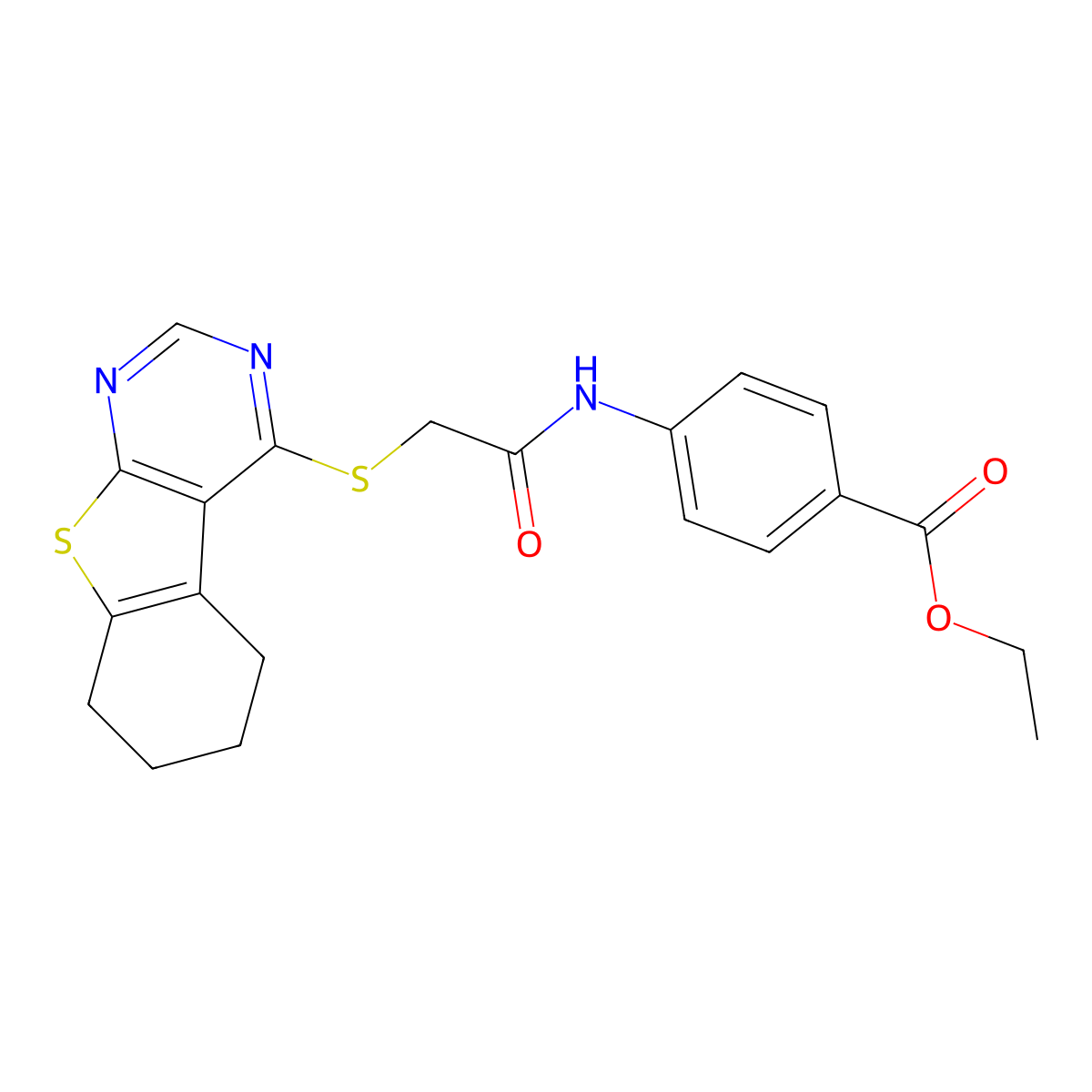 Ethyl 4-[[2-(5,6,7,8-tetrahydro-[1]benzothiolo[2,3-d]pyrimidin-4-ylsulfanyl)acetyl]amino]benzoate molecular structure, CAS 315681-95-9