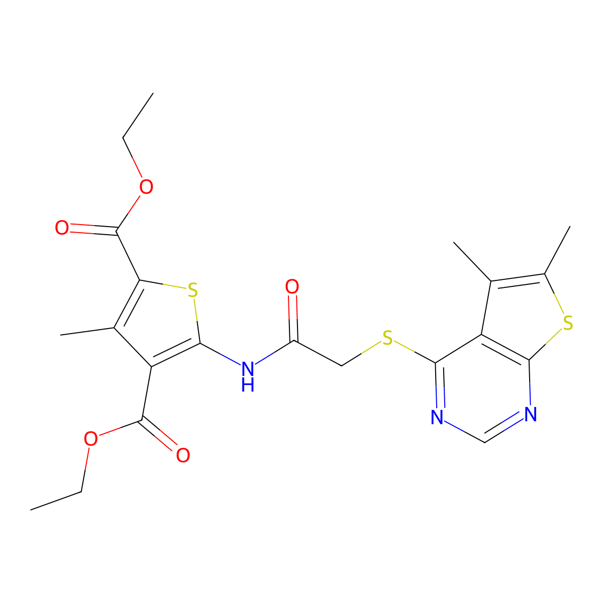 Diethyl 5-[[2-(5,6-dimethylthieno[2,3-d]pyrimidin-4-yl)sulfanylacetyl]amino]-3-methylthiophene-2,4-dicarboxylate molecular structure, CAS 315682-32-7