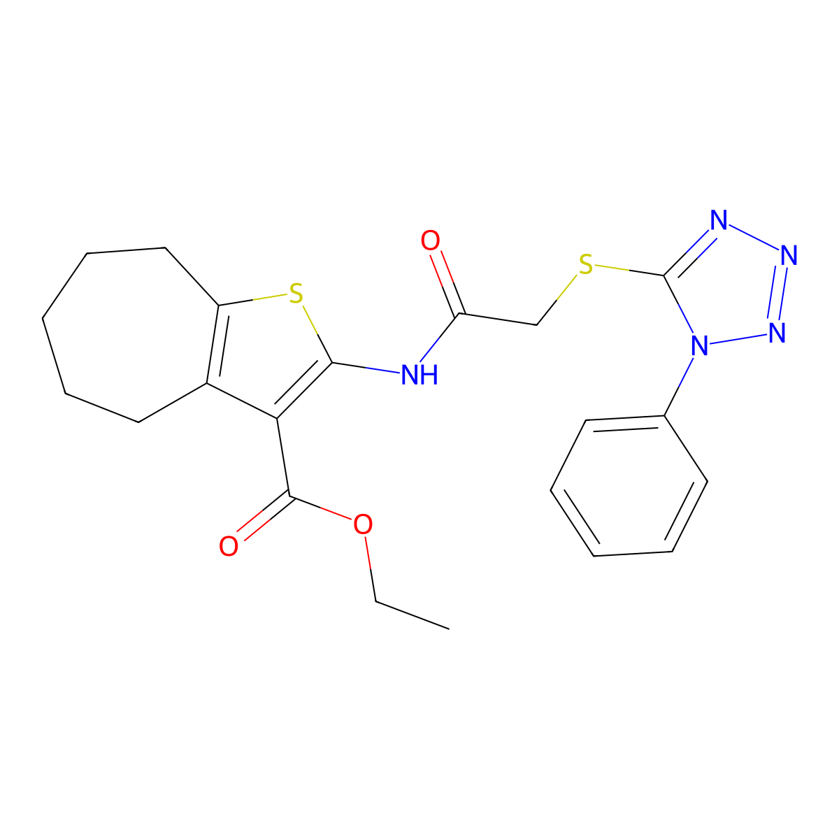 ethyl 2-[[2-(1-phenyltetrazol-5-yl)sulfanylacetyl]amino]-5,6,7,8-tetrahydro-4H-cyclohepta[b]thiophene-3-carboxylate molecular structure, CAS 315682-58-7