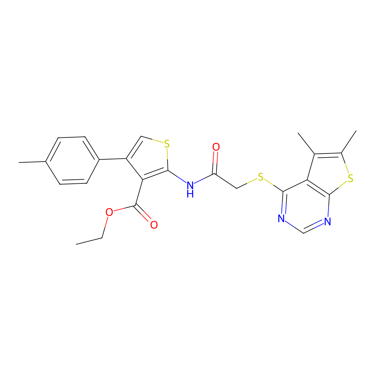 Ethyl 2-(2-((5,6-dimethylthieno[2,3-d]pyrimidin-4-yl)thio)acetamido)-4-(p-tolyl)thiophene-3-carboxylate molecular structure, CAS 315682-65-6