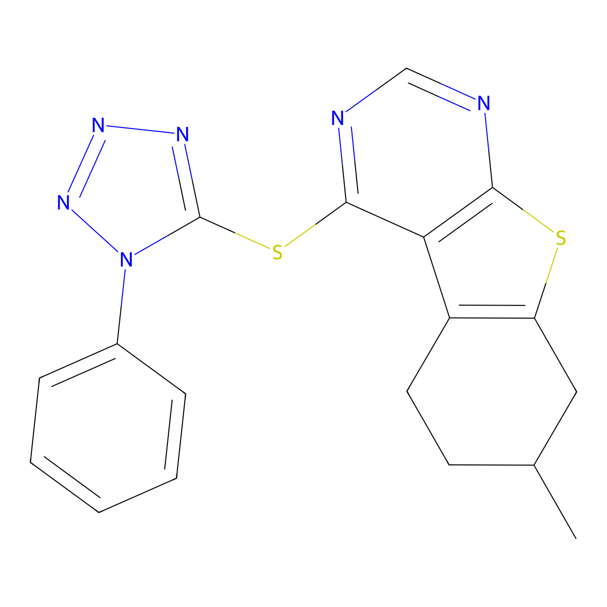 7-methyl-4-[(1-phenyl-1H-tetraazol-5-yl)sulfanyl]-5,6,7,8-tetrahydro[1]benzothieno[2,3-d]pyrimidine molecular structure, CAS 315682-66-7