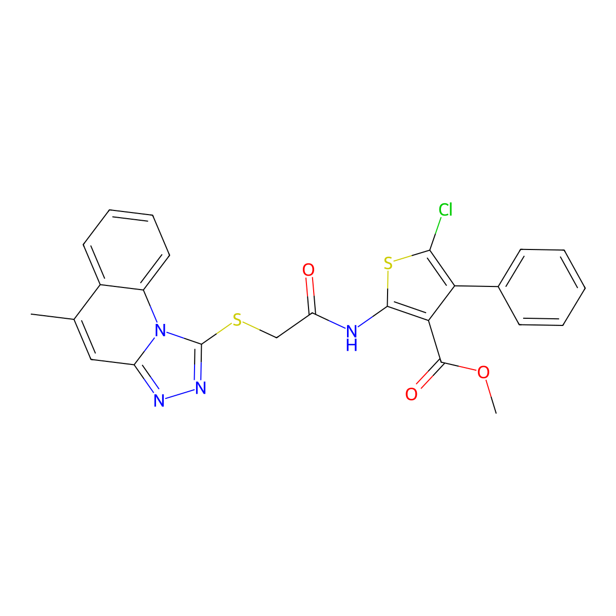 Methyl 5-chloro-2-(2-((5-methyl-[1,2,4]triazolo[4,3-a]quinolin-1-yl)thio)acetamido)-4-phenylthiophene-3-carboxylate molecular structure, CAS 315682-75-8