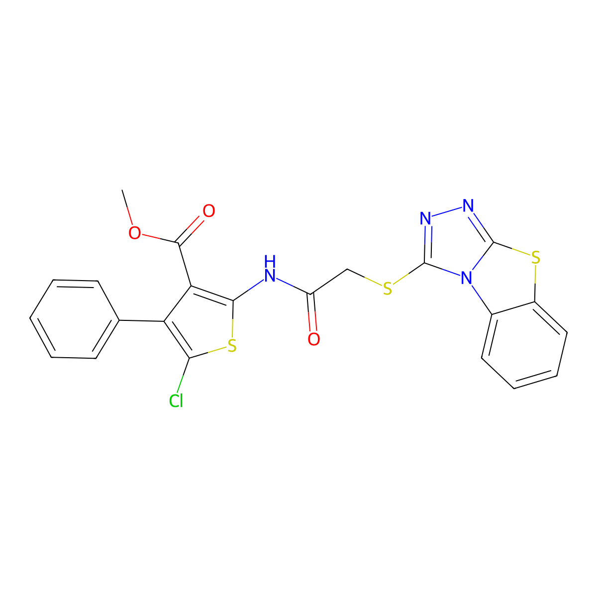 Methyl 5-chloro-4-phenyl-2-[[2-([1,2,4]triazolo[3,4-b][1,3]benzothiazol-1-ylsulfanyl)acetyl]amino]thiophene-3-carboxylate molecular structure, CAS 315682-80-5