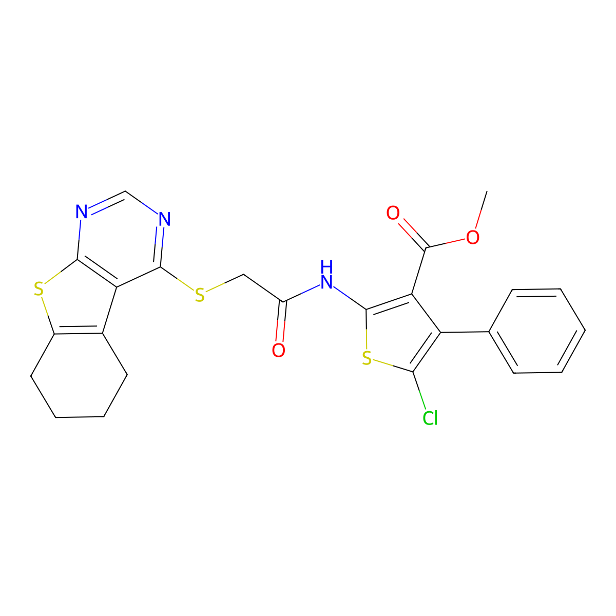 Methyl 5-chloro-4-phenyl-2-[[2-(5,6,7,8-tetrahydro-[1]benzothiolo[2,3-d]pyrimidin-4-ylsulfanyl)acetyl]amino]thiophene-3-carboxylate molecular structure, CAS 315682-81-6