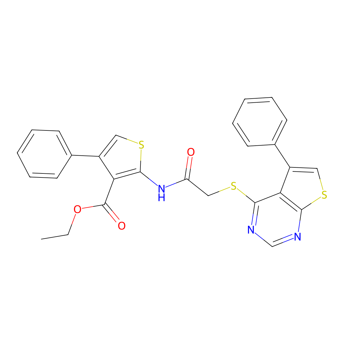 Ethyl 4-phenyl-2-(2-((5-phenylthieno[2,3-d]pyrimidin-4-yl)thio)acetamido)thiophene-3-carboxylate molecular structure, CAS 315683-01-3