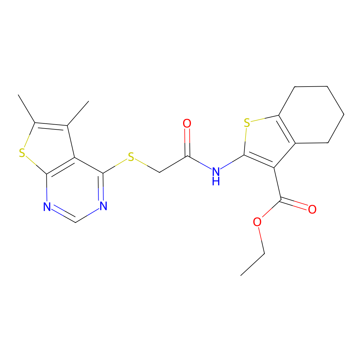 Ethyl 2-({[(5,6-dimethylthieno[2,3-d]pyrimidin-4-yl)sulfanyl]acetyl}amino)-4,5,6,7-tetrahydro-1-benzothiophene-3-carboxylate molecular structure, CAS 315683-48-8