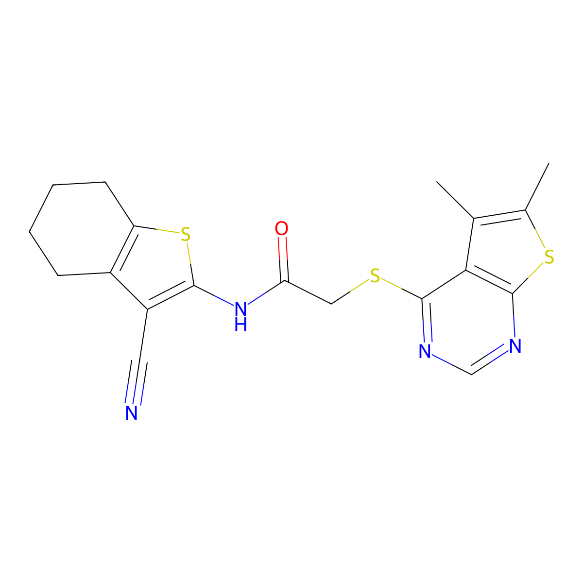 N-(3-cyano-4,5,6,7-tetrahydro-1-benzothiophen-2-yl)-2-(5,6-dimethylthieno[2,3-d]pyrimidin-4-yl)sulfanylacetamide molecular structure, CAS 315683-54-6