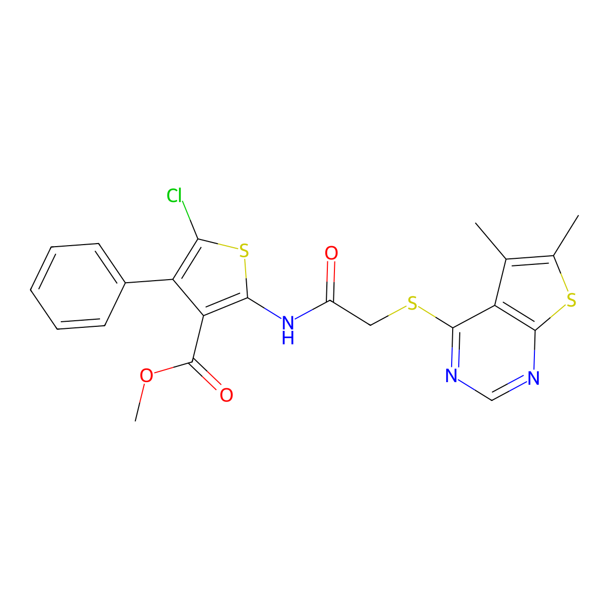 Methyl 5-chloro-2-[[2-(5,6-dimethylthieno[2,3-d]pyrimidin-4-yl)sulfanylacetyl]amino]-4-phenylthiophene-3-carboxylate molecular structure, CAS 315683-63-7