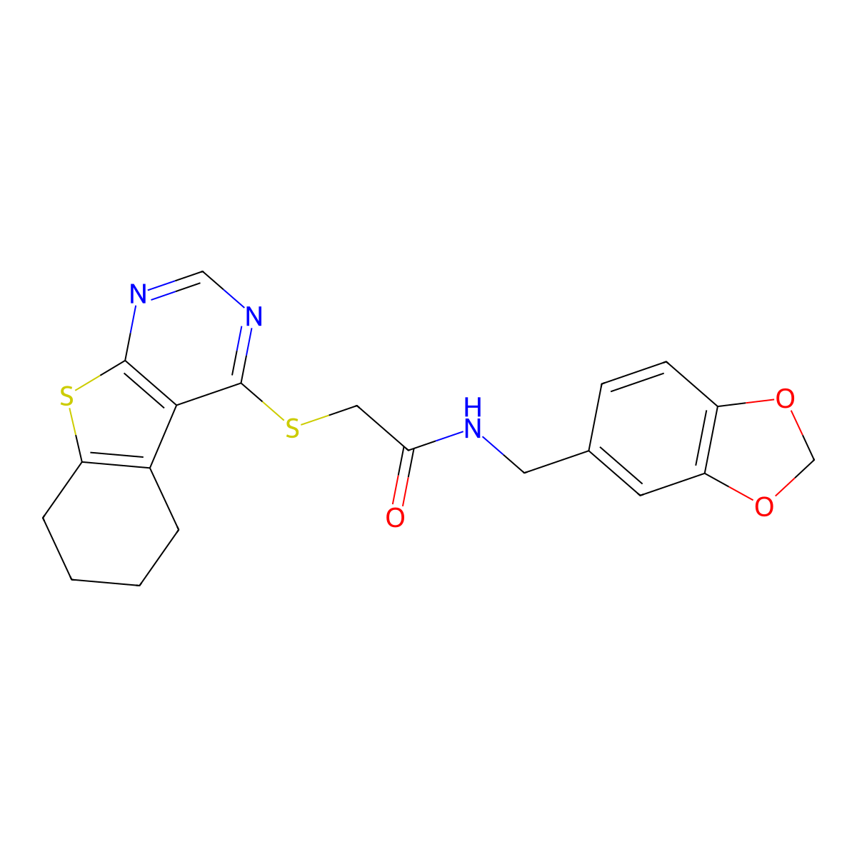 N-(1,3-benzodioxol-5-ylmethyl)-2-(5,6,7,8-tetrahydro[1]benzothieno[2,3-d]pyrimidin-4-ylsulfanyl)acetamide molecular structure, CAS 315684-32-3