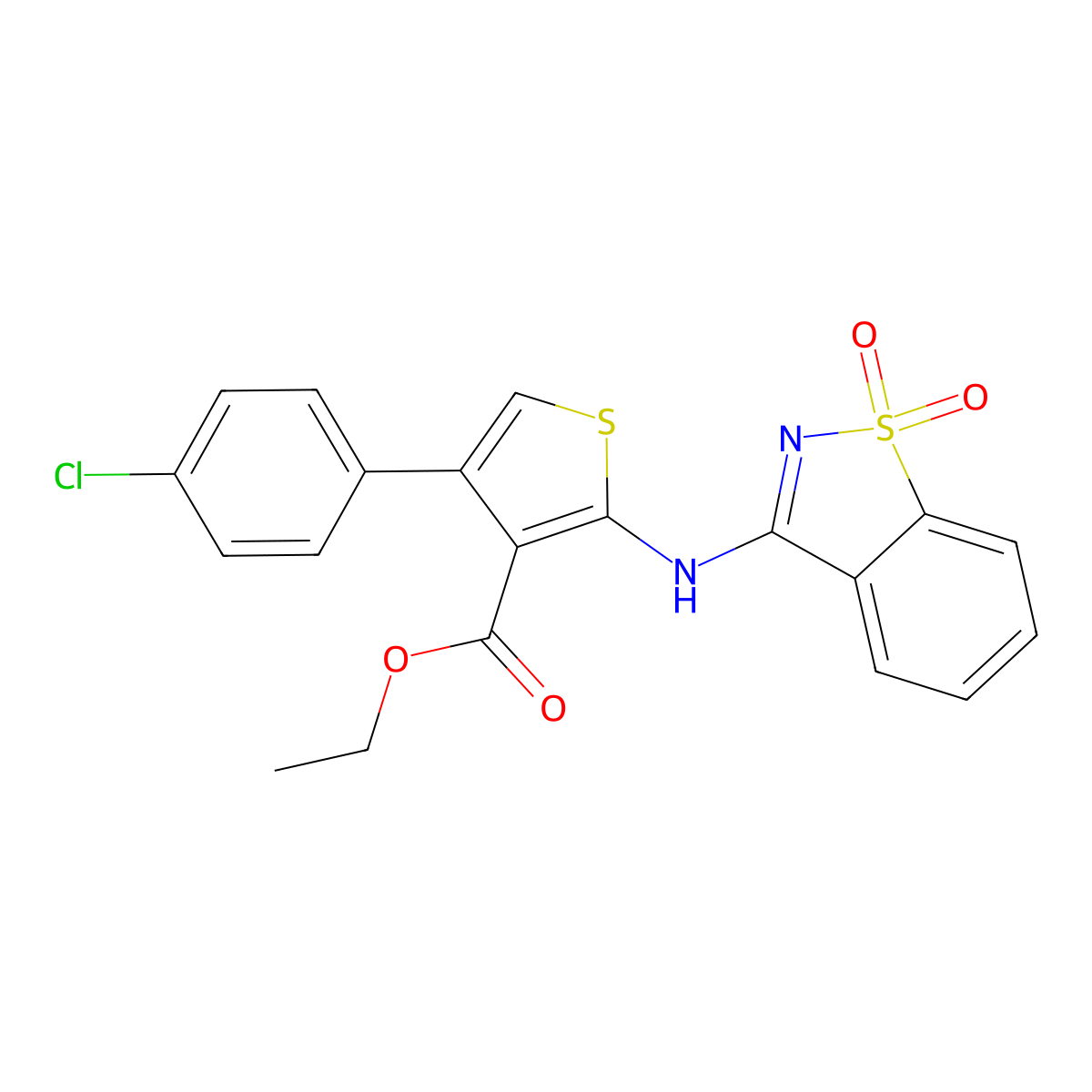Ethyl 4-(4-chlorophenyl)-2-((1,1-dioxidobenzo[d]isothiazol-3-yl)amino)thiophene-3-carboxylate molecular structure, CAS 315684-79-8