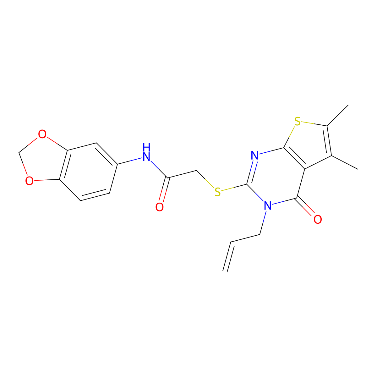 2-((3-allyl-5,6-dimethyl-4-oxo-3,4-dihydrothieno[2,3-d]pyrimidin-2-yl)thio)-N-(benzo[d][1,3]dioxol-5-yl)acetamide molecular structure, CAS 315685-28-0